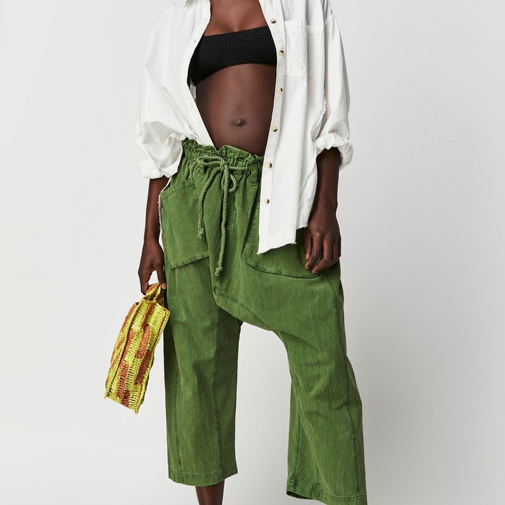 Free People Olive Green Wide Leg Drawstring Cargo Pants